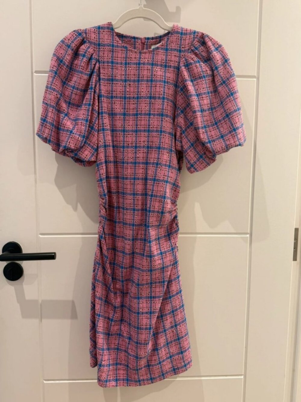GANNI Pink & Blue Tweed Puff Sleeve Mini Dress US 2